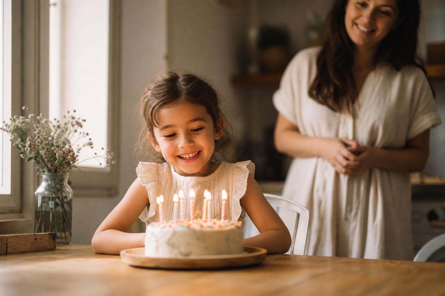 A child joyfully celebrating a birthday at home with family